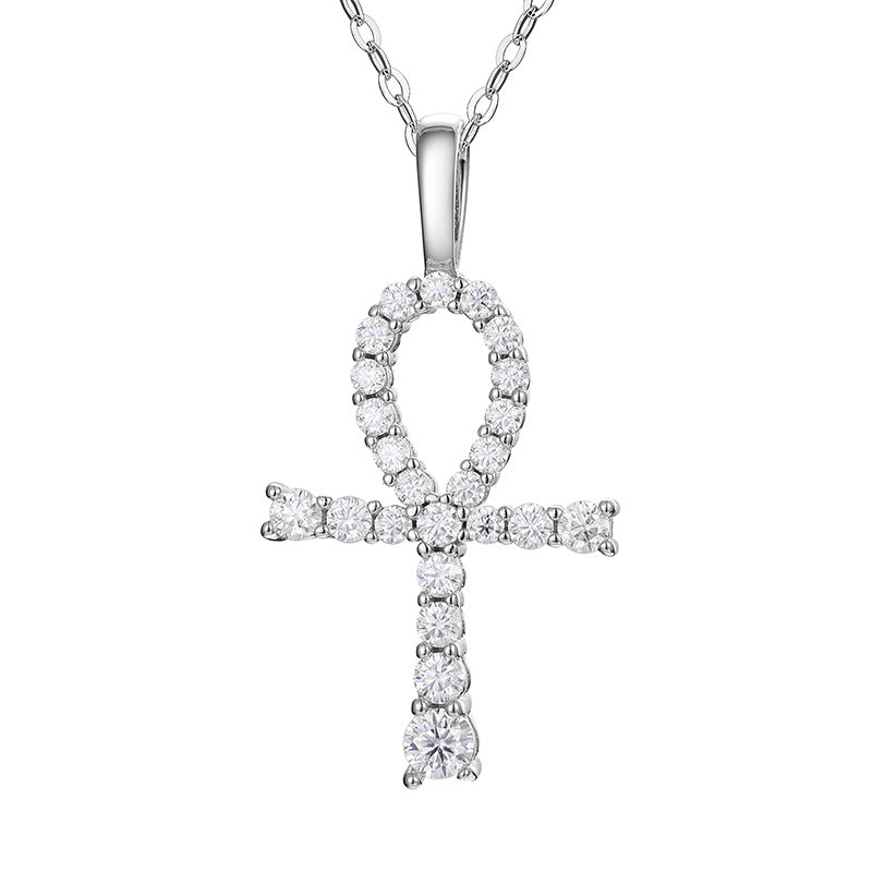 Moissanite and Diamond Micro Cross Pendant Necklace (Sterling Silver)