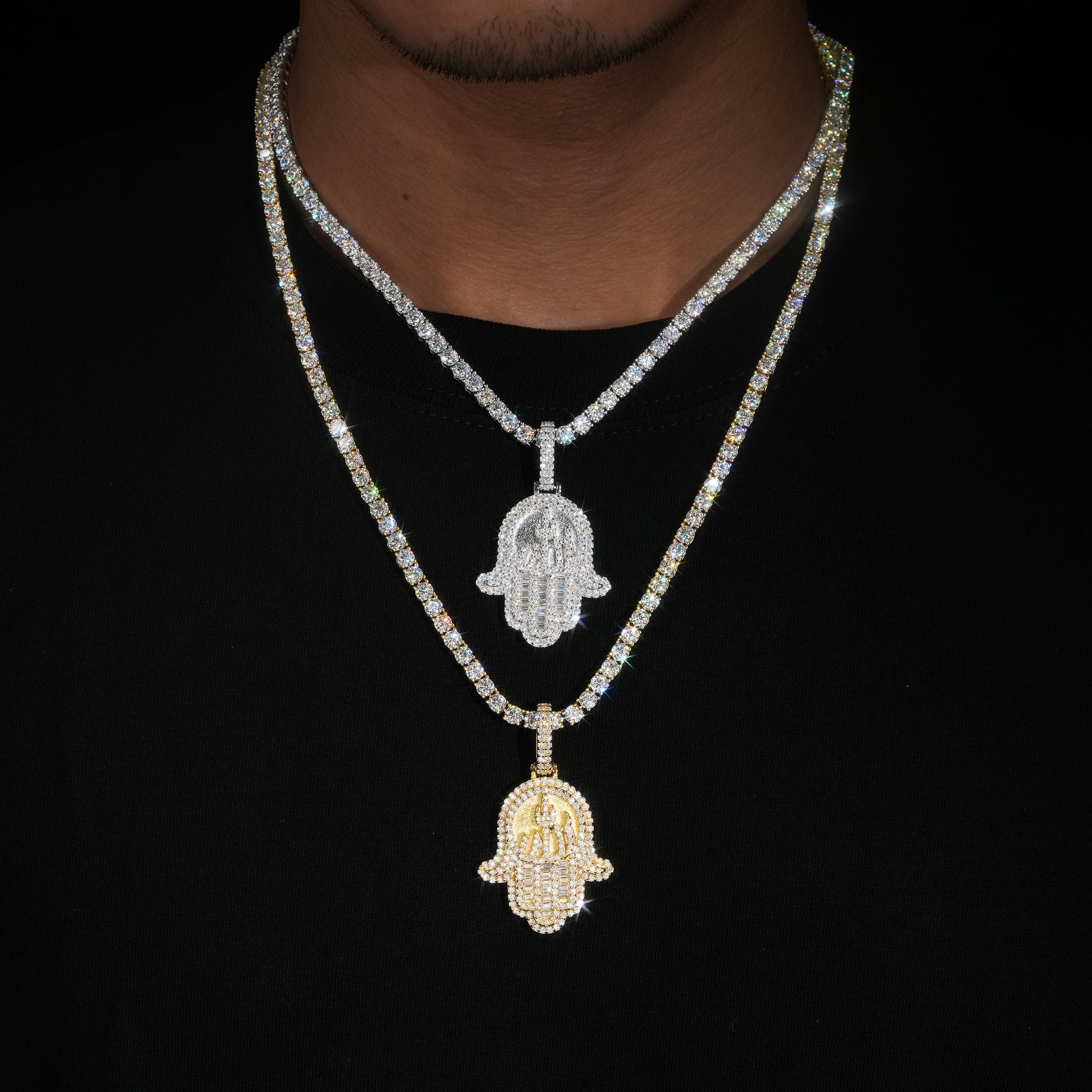 Silver Moissanite Diamond Baguette Hamsa Hand Necklace