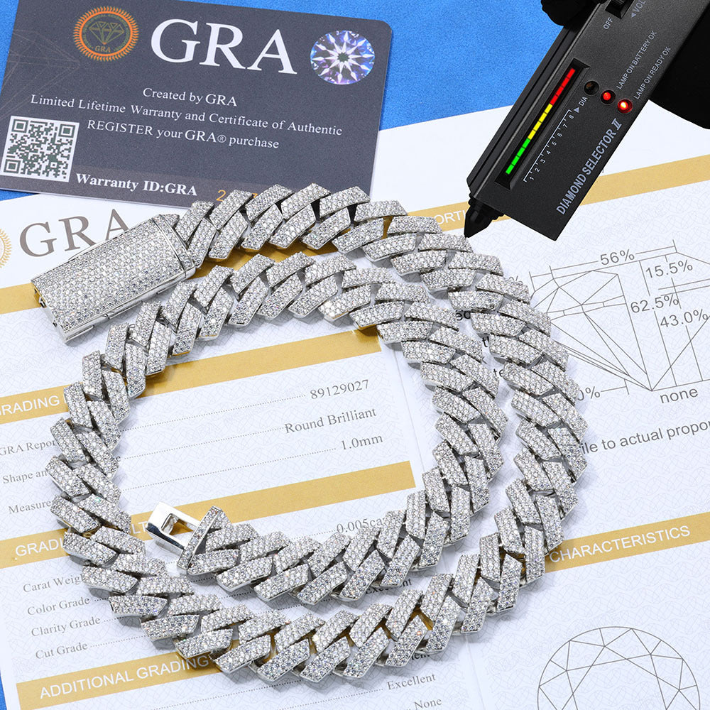 12mm S925 silver moissanite three-row diamond Cuban Link Chain