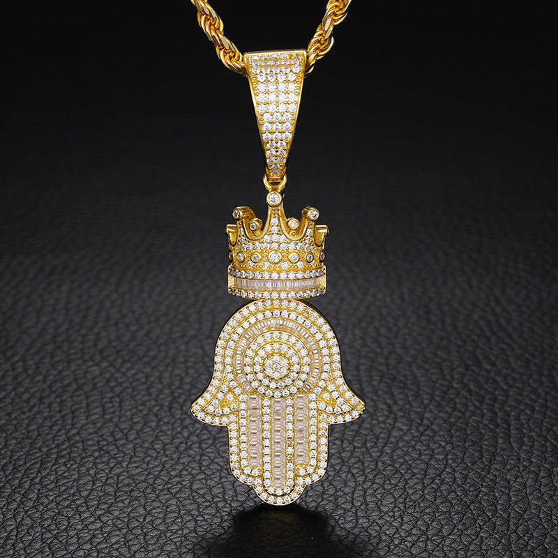S925 Baguette Moissanite Hamsa Hand Pendant With Crown