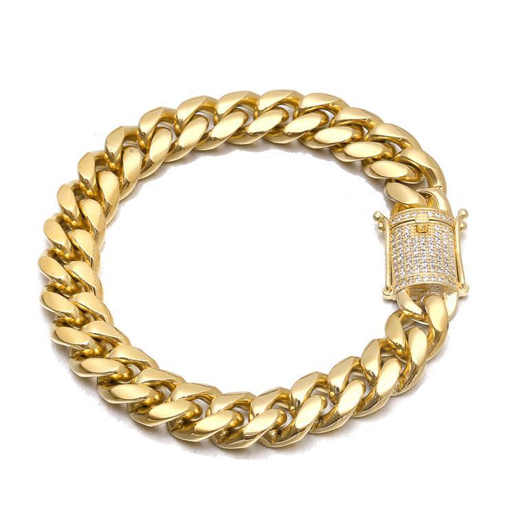 8/10/12/14/16/18MM 18K Gold Plated Stainless Steel Iced Out Miami Cuban Link Bracelet