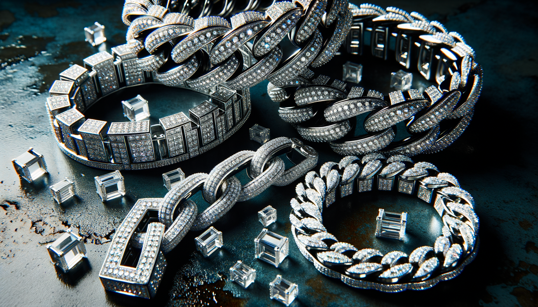 sparkling iced-out jewelry on dark concrete with bold urban lighting and cool tones