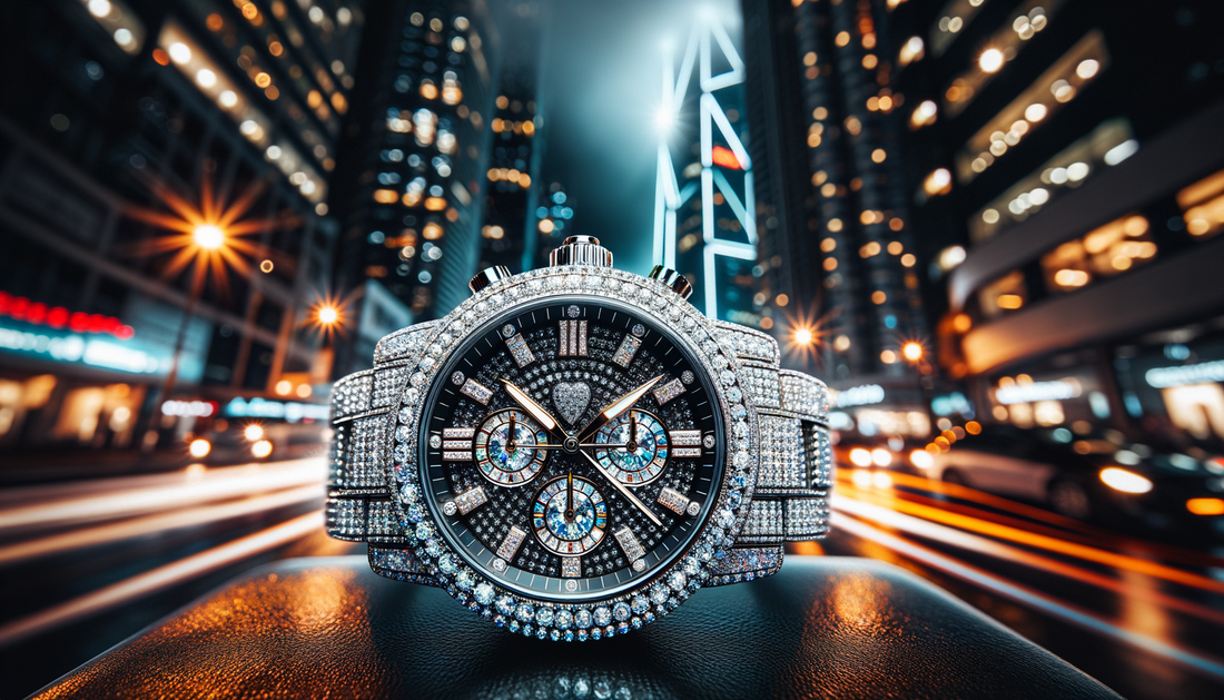 shimmering iced-out jewelry on dark concrete with bold urban lighting and metallic shine