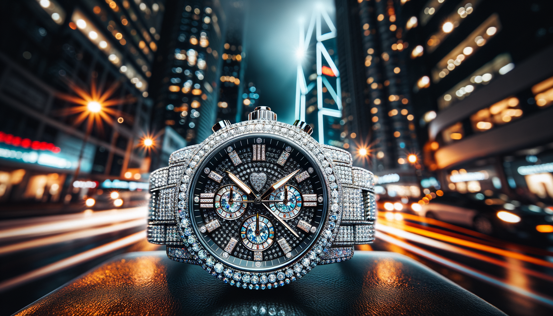 shimmering iced-out jewelry on dark concrete with bold urban lighting and metallic shine