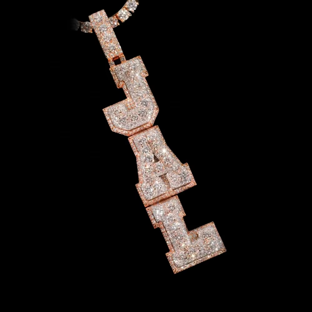 Personalized Iced Out 925 Silver Hip Hop Vertical Initial Letter Custom Moissanite Pendant for Necklace Gubanlink