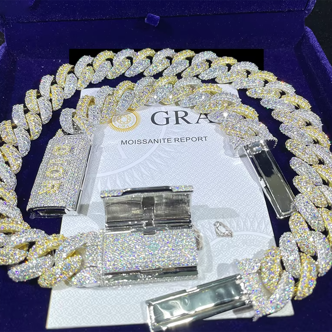 Custom 15mm Cuban chain VVS Moissanite Diamond Fine Jewelry Necklace Men's Two Tone 925 Silver Moissanite Chain