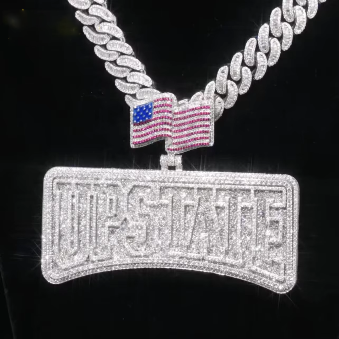 Customized Ice Crystal 925 Sterling Silver Necklace VVS Moissanite Name Horizontal Pendant with Flag Clasp Gubanlink