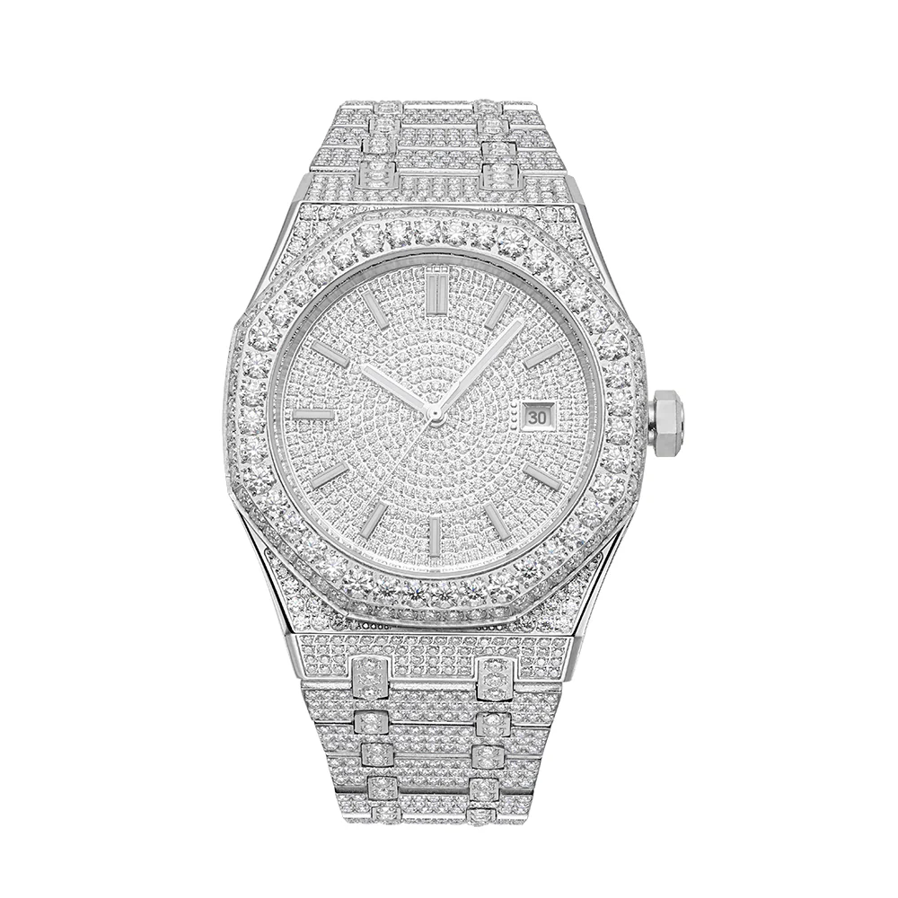 14K White Gold  44MM Bust Down Moissanite Watch Gubanlink