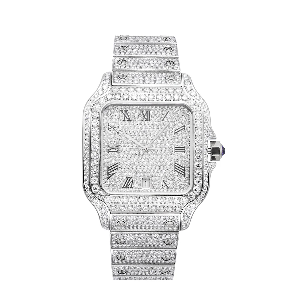 14K White Gold  42MM 16CT Bust Down Men's VVS Moissanite Watch Gubanlink