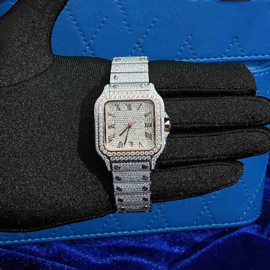 14K Rose Gold 42MM  16CT Bust Down Men's VVS Moissanite Watch Gubanlink