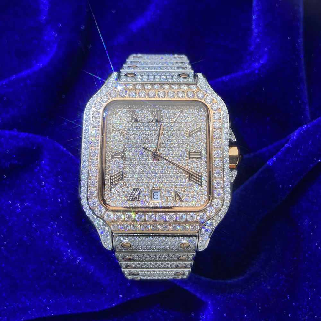 14K Rose Gold 42MM  16CT Bust Down Men's VVS Moissanite Watch Gubanlink