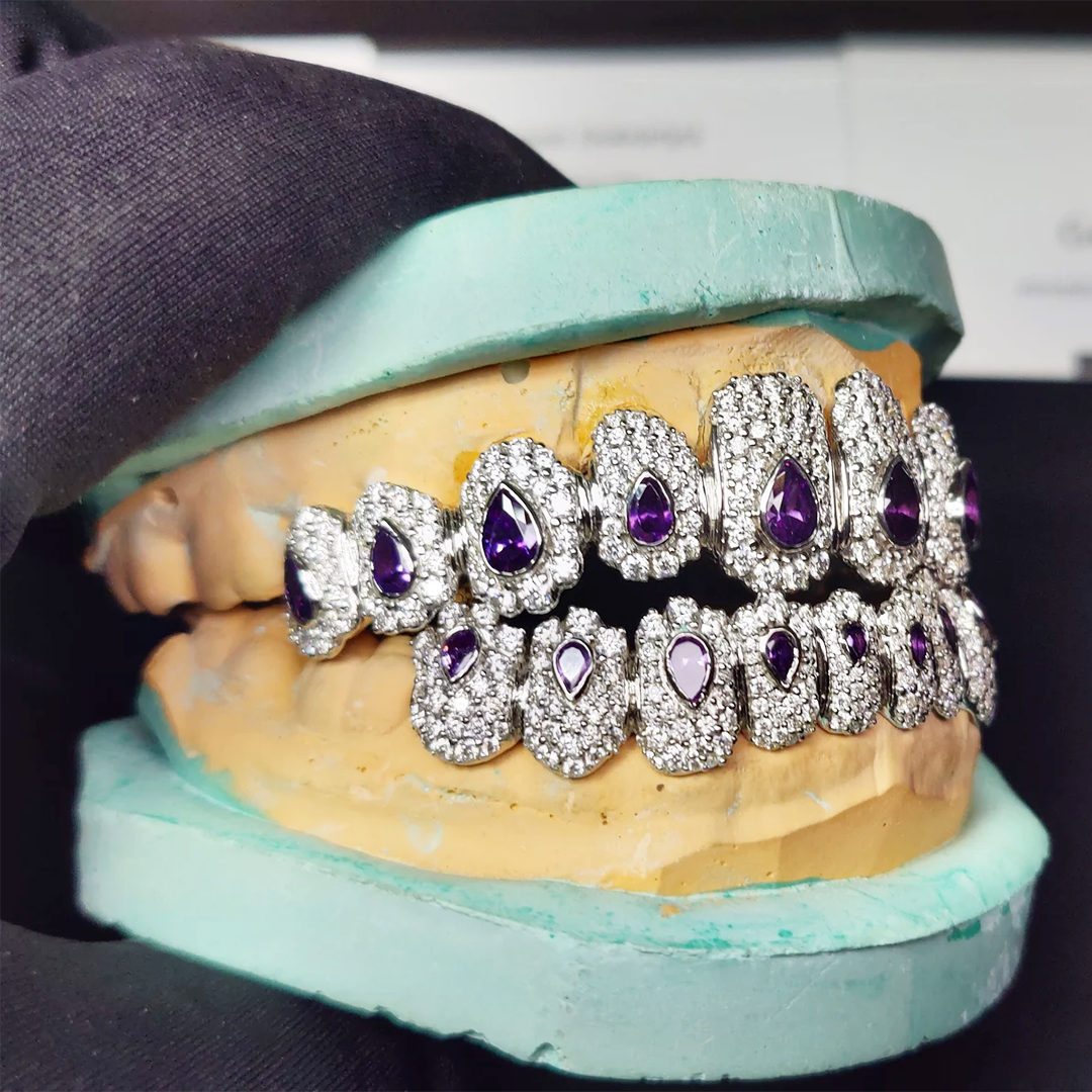 Custom pear and round moissanite and diamond braces