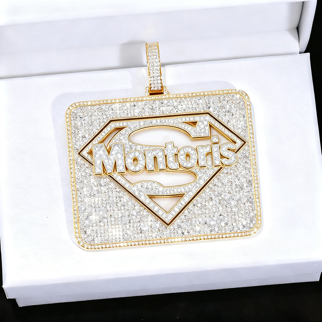 Custom Silver Moissanite 3D Large Square Superman LOGO Letter Pendant