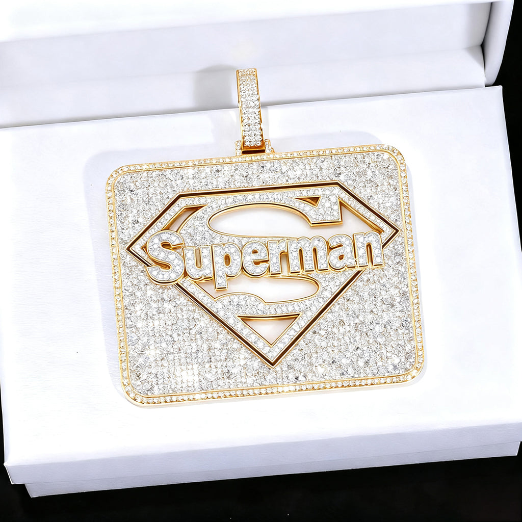 Custom Silver Moissanite 3D Large Square Superman LOGO Letter Pendant