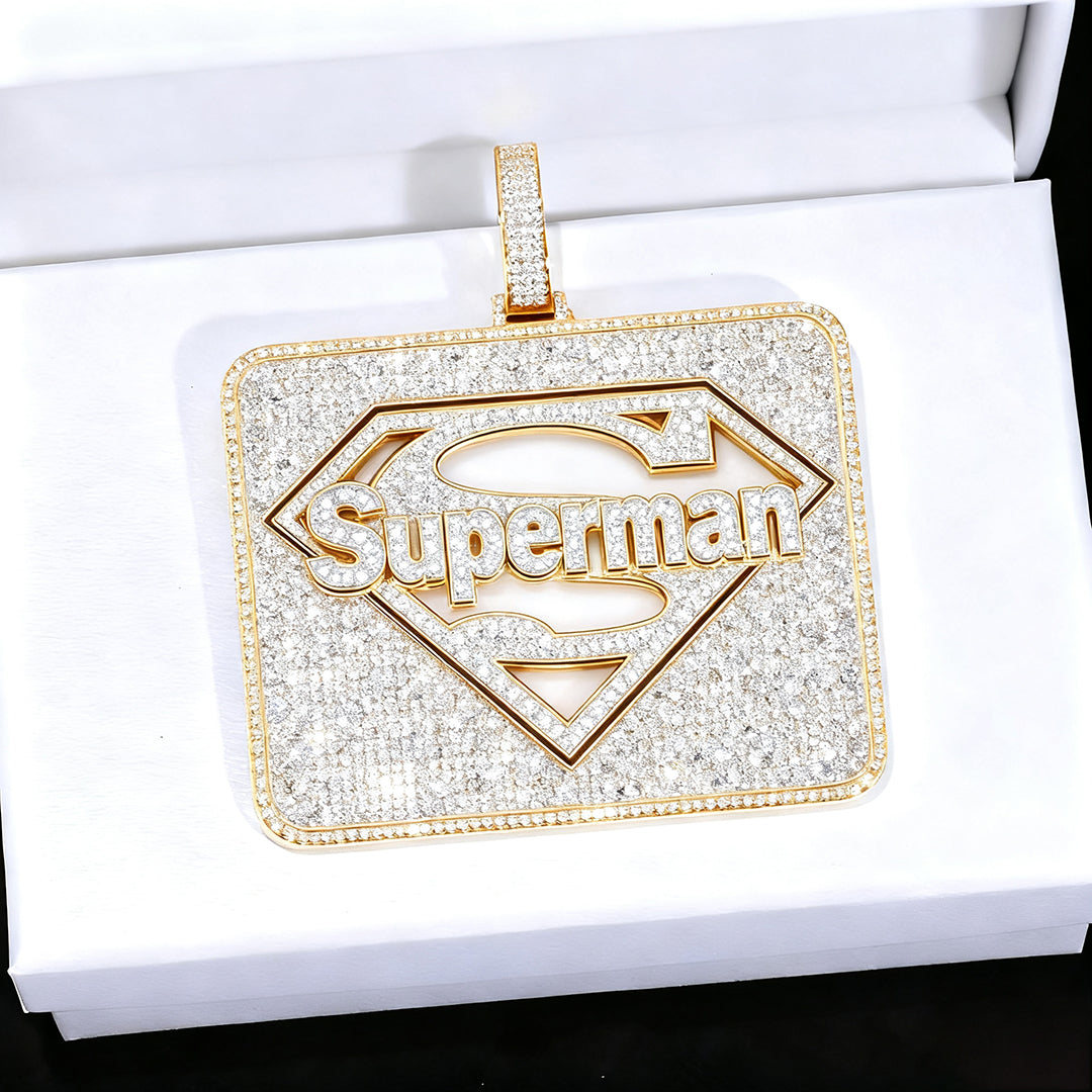Custom Silver Moissanite 3D Large Square Superman LOGO Letter Pendant Gubanlink