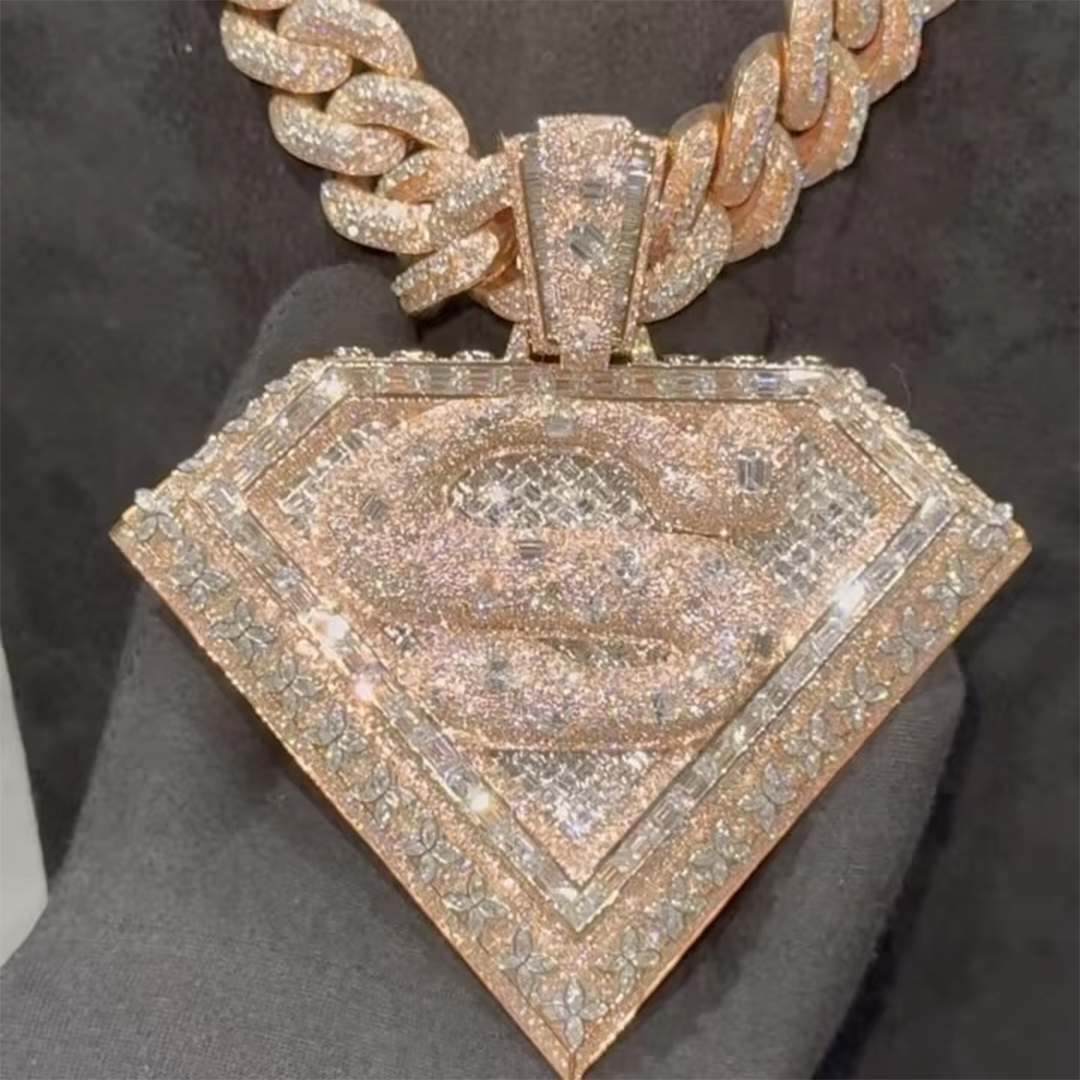 Custom Moissanite Wide Fancy Cut 3D Emerald Cut Inlay Pendant Gubanlink