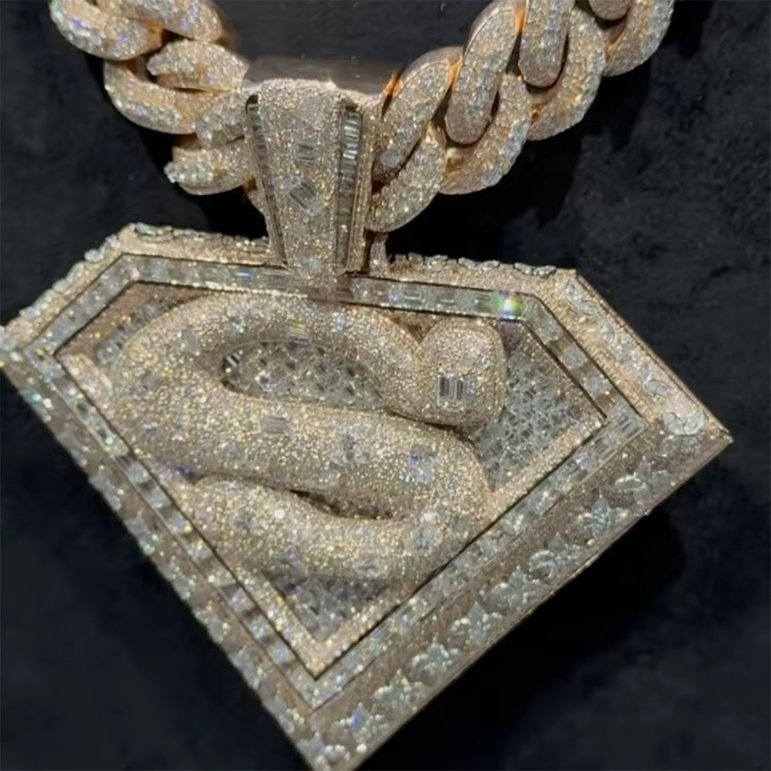 Custom Moissanite Wide Fancy Cut 3D Emerald Cut Inlay Pendant Gubanlink