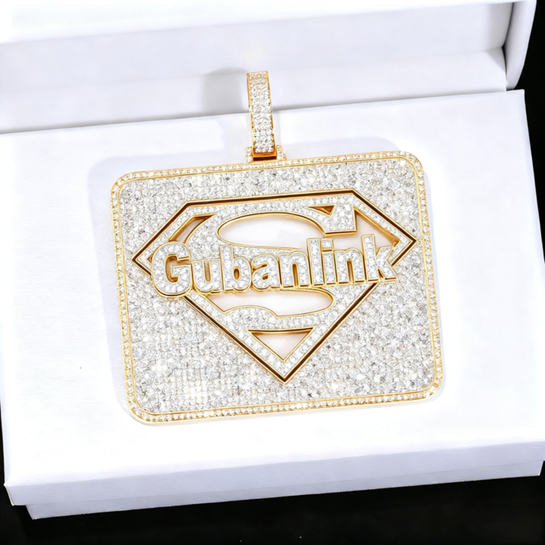 Custom Silver Moissanite 3D Large Square Superman LOGO Letter Pendant Gubanlink