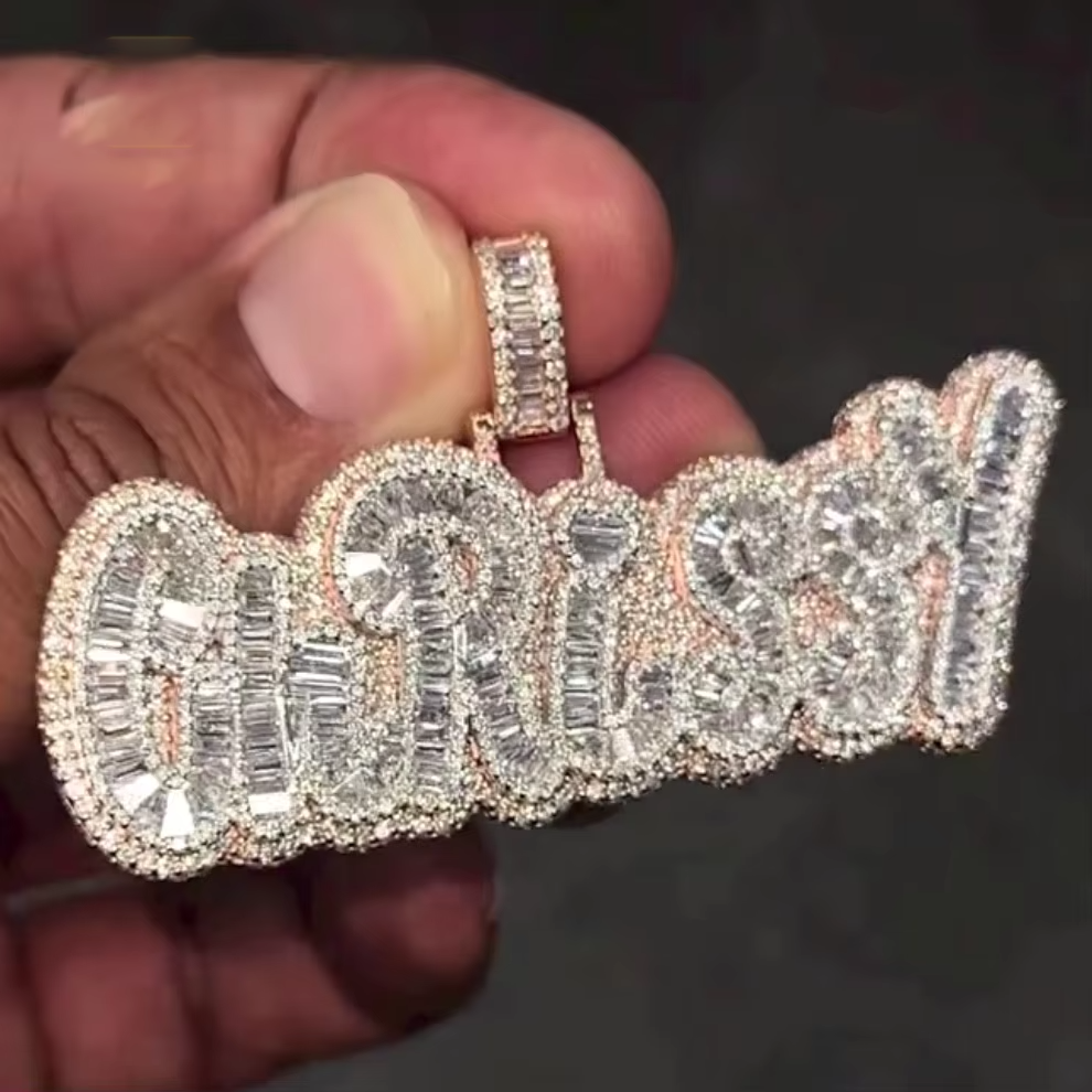 Luxury Design Baguette VVS Diamond 925 Sterling Silver Name Pendant Custom Men Women Hip Hop Iced Out Moissanite Letters Pendant Gubanlink