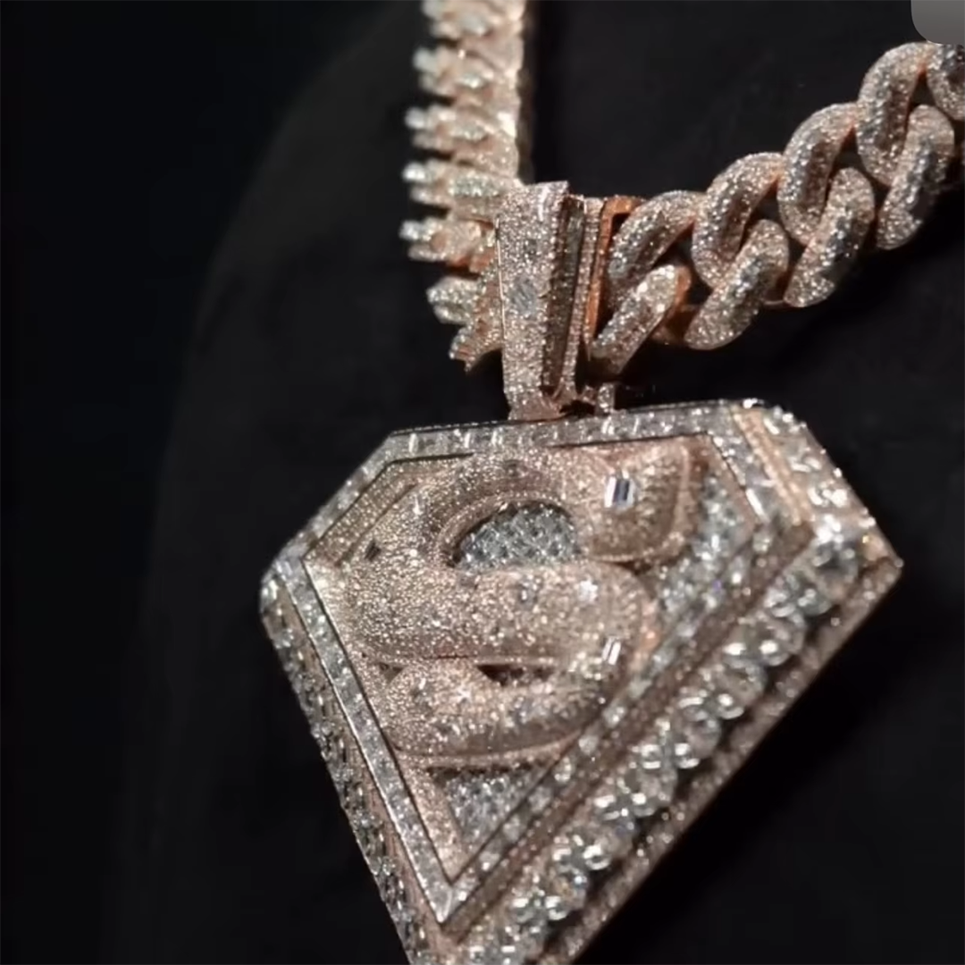 Custom Moissanite Wide Fancy Cut 3D Emerald Cut Inlay Pendant Gubanlink