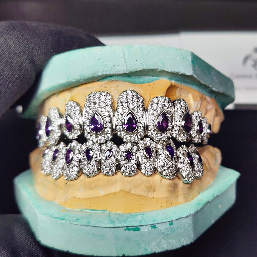 Custom pear and round moissanite and diamond braces Gubanlink