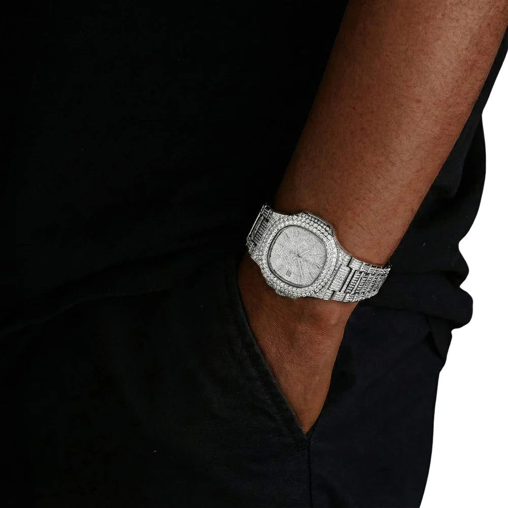14K White Gold Circle Face Moissanite Watch Gubanlink