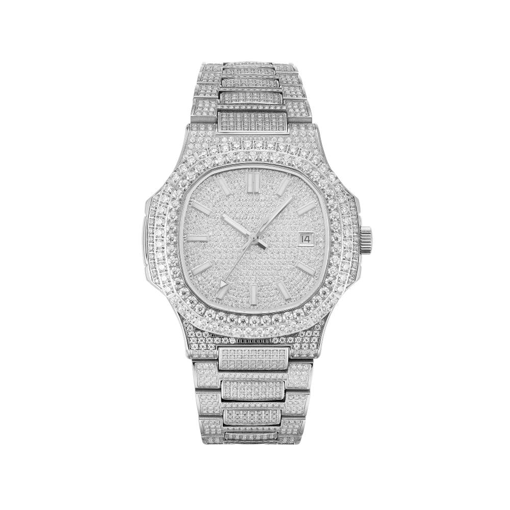 14K White Gold Circle Face Moissanite Watch Gubanlink