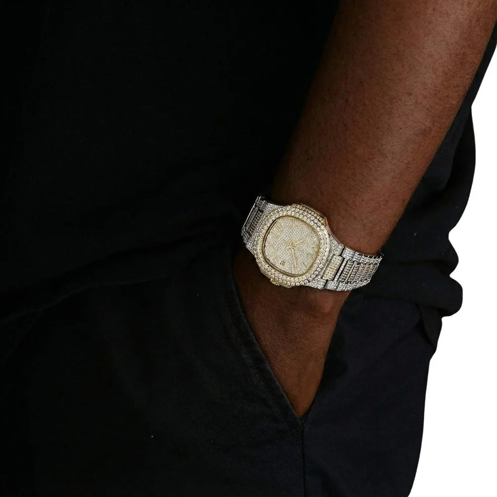 14K Yellow Gold Circle Face Moissanite Watch Gubanlink