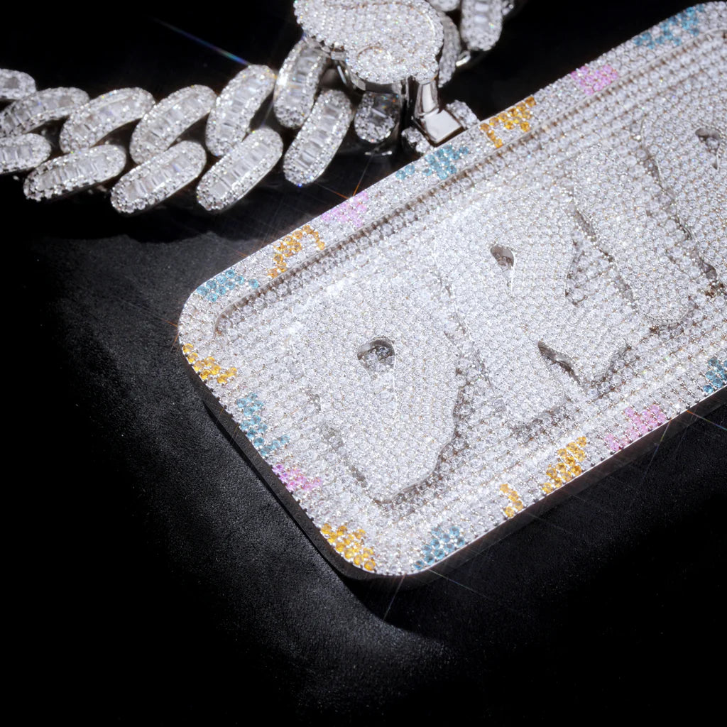 Custom Silver Moissanite Alphabet Necklace 3D Colorful Squares