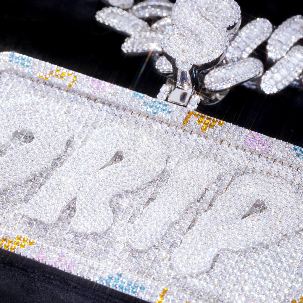 Custom Silver Moissanite Alphabet Necklace 3D Colorful Squares