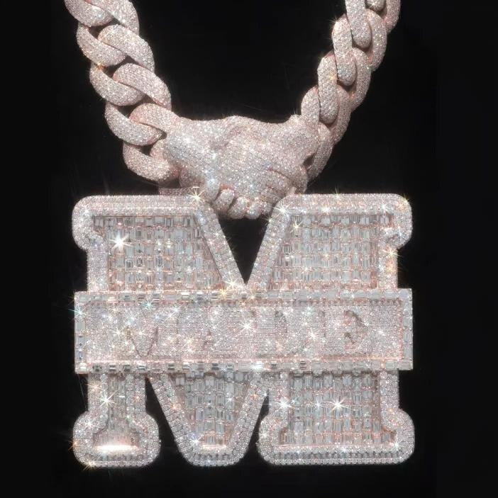 Custom Vvs Moissanite Name Letter Pendant Hip Hop Style Iced Out 925 Silver 3D Baguette Diamond Chain Pendant Gubanlink