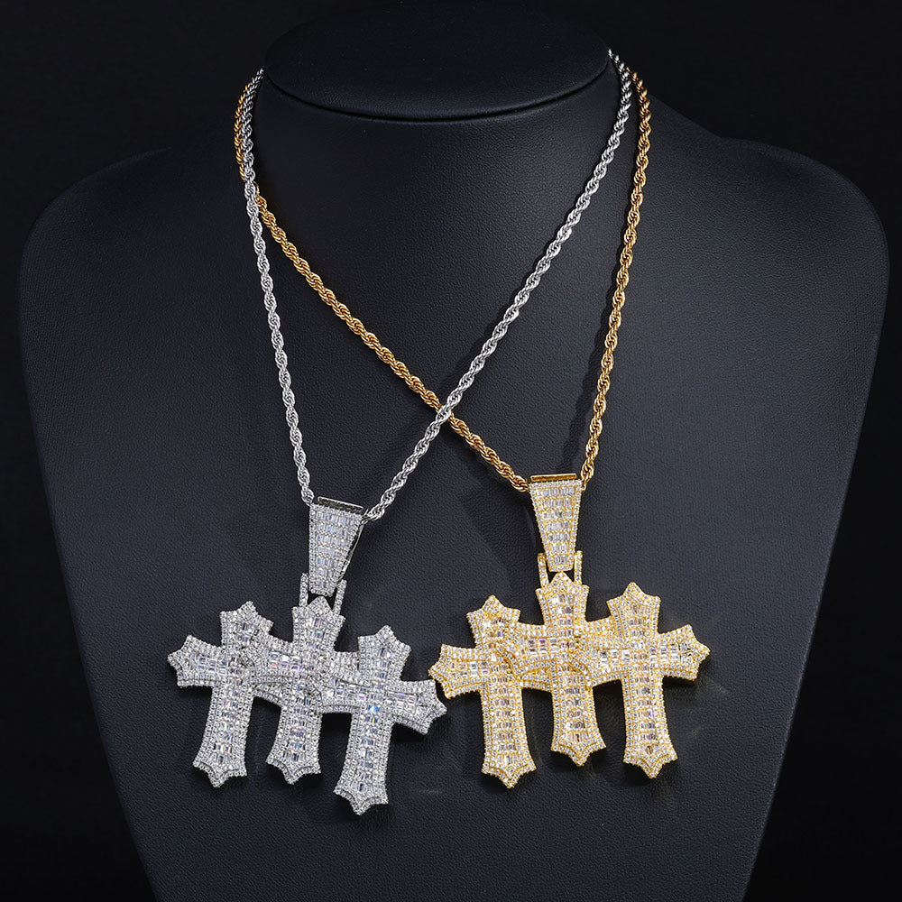 Moissanite Iced Out Baguette Cut Triple Cross Pendant gubanlink