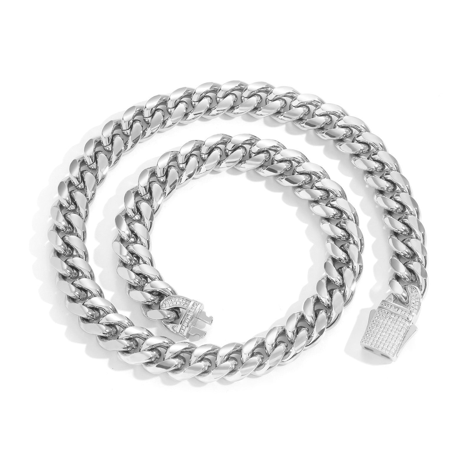 12MM WHite Gold Plated Iced Out Clasp Miami Cuban Link Chain