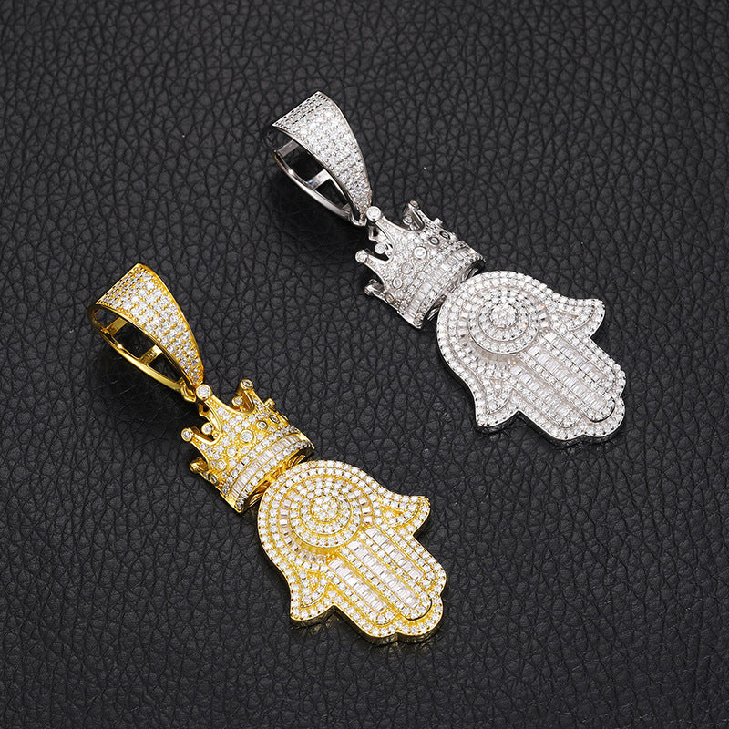 S925 Baguette Moissanite Hamsa Hand Pendant With Crown