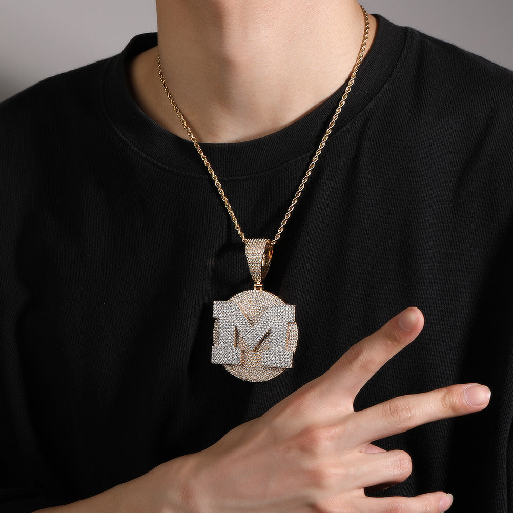 Custom Round Base Plate Large Letter Zircon Pendant Gubanlink
