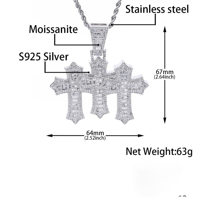 Moissanite Iced Out Baguette Cut Triple Cross Pendant