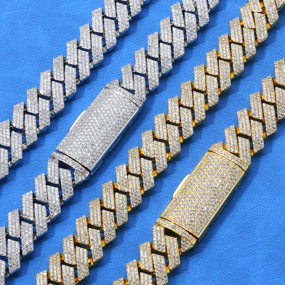 12mm S925 silver moissanite three-row  diamond Cuban Link Chain
