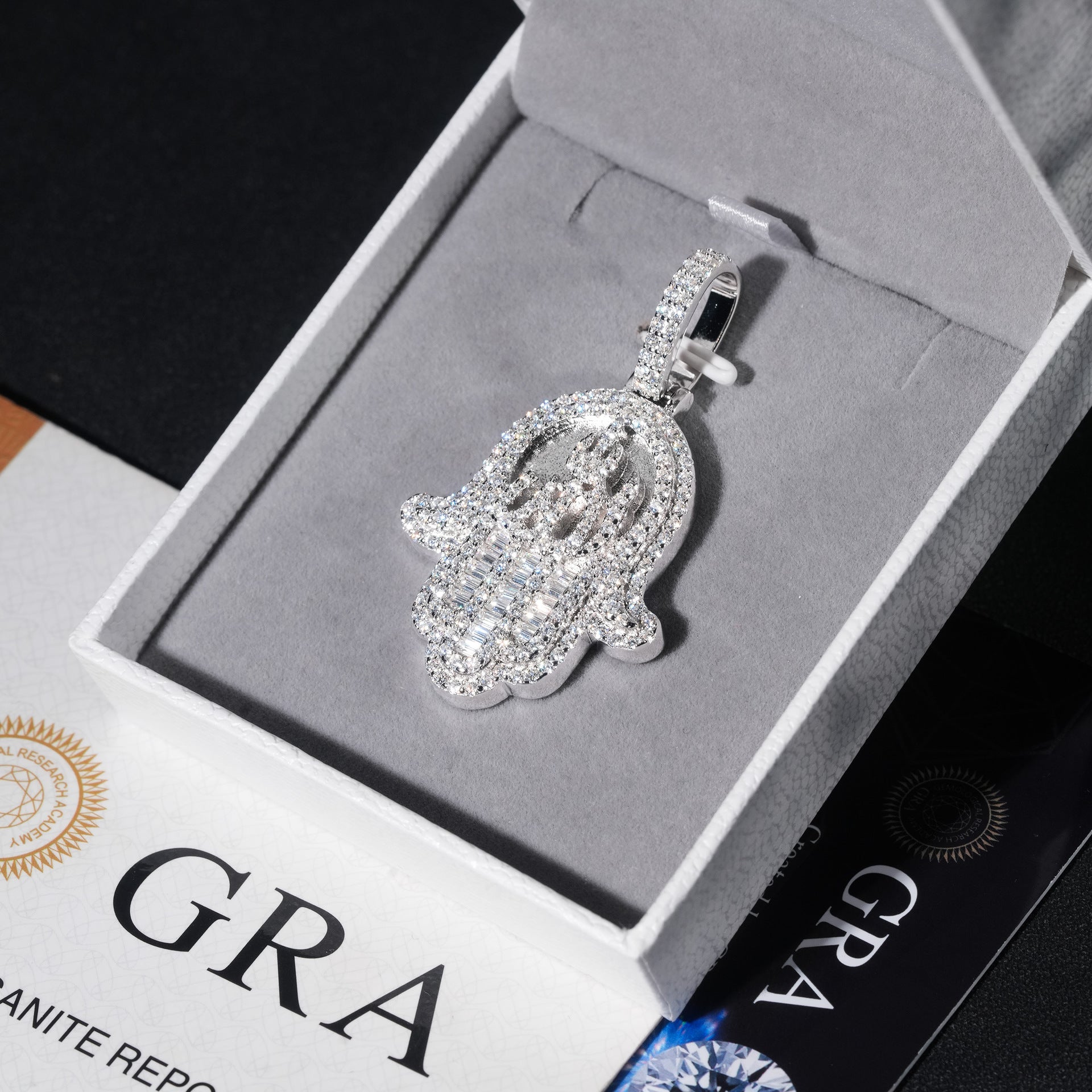 Silver Moissanite Diamond Baguette Hamsa Hand Necklace
