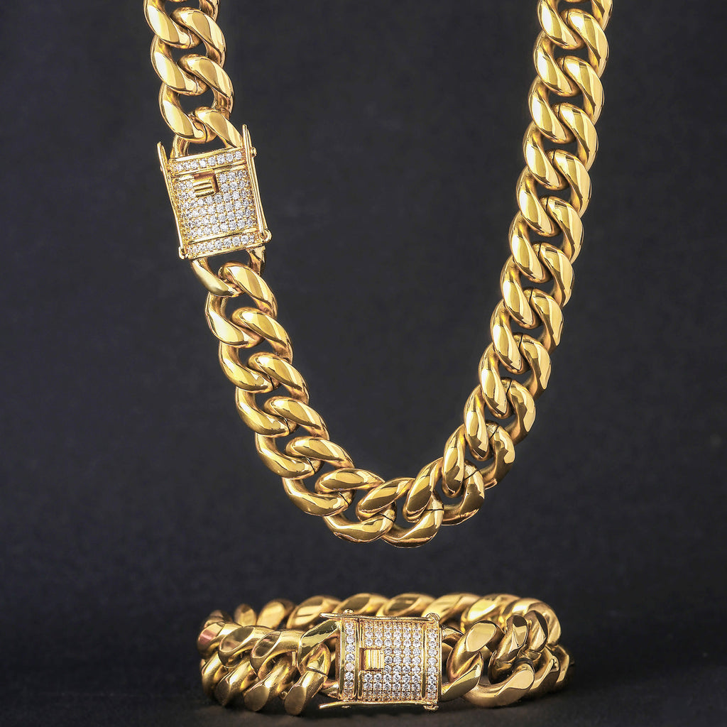 8/10/12/14/16/18MM 18K Gold Plated  Stainless Steel Iced Out Miami Cuban Link Chain