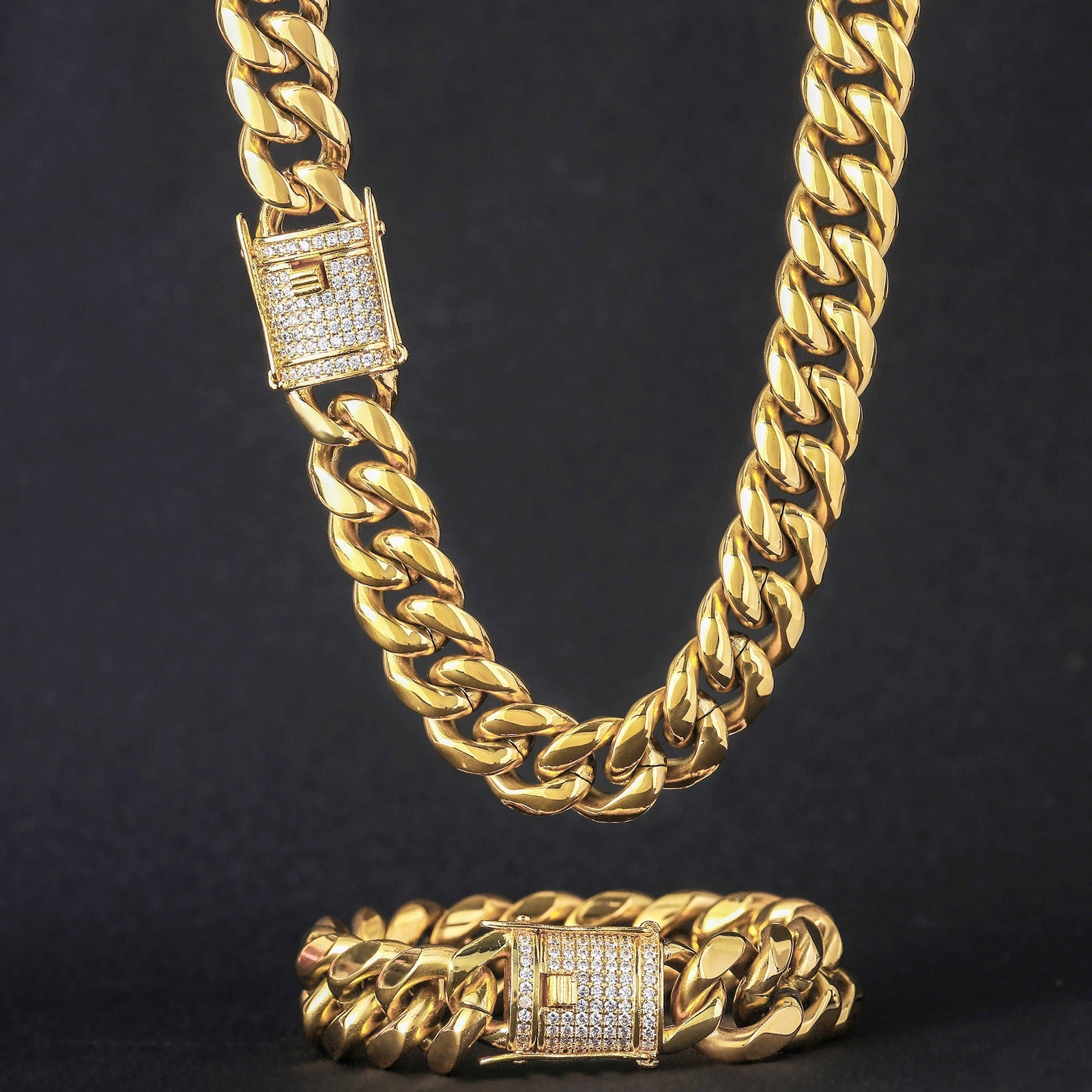 8/10/12/14/16/18MM 18K Gold Plated  Stainless Steel Iced Out Miami Cuban Link Chain Thegoldlinks