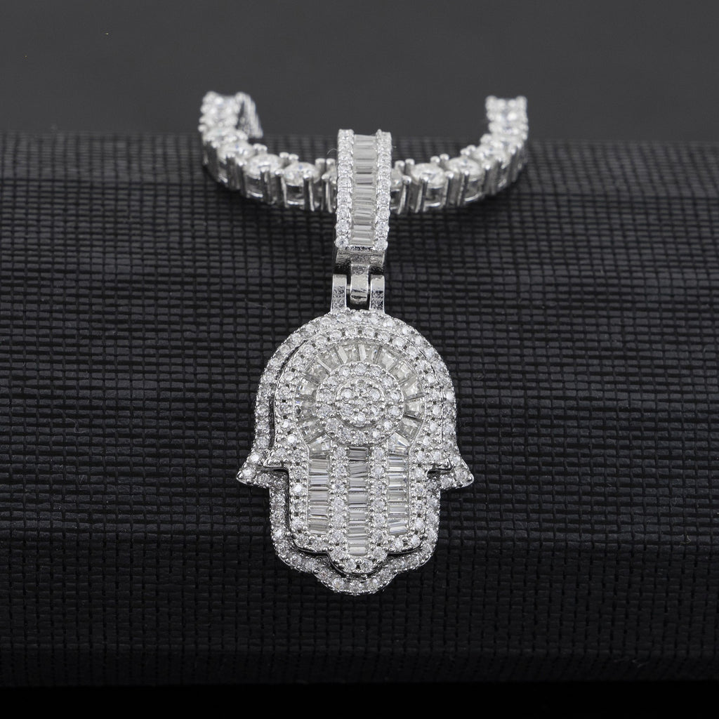Silver VVS Moissanite Diamond Baguette Hamsa Hand Necklace