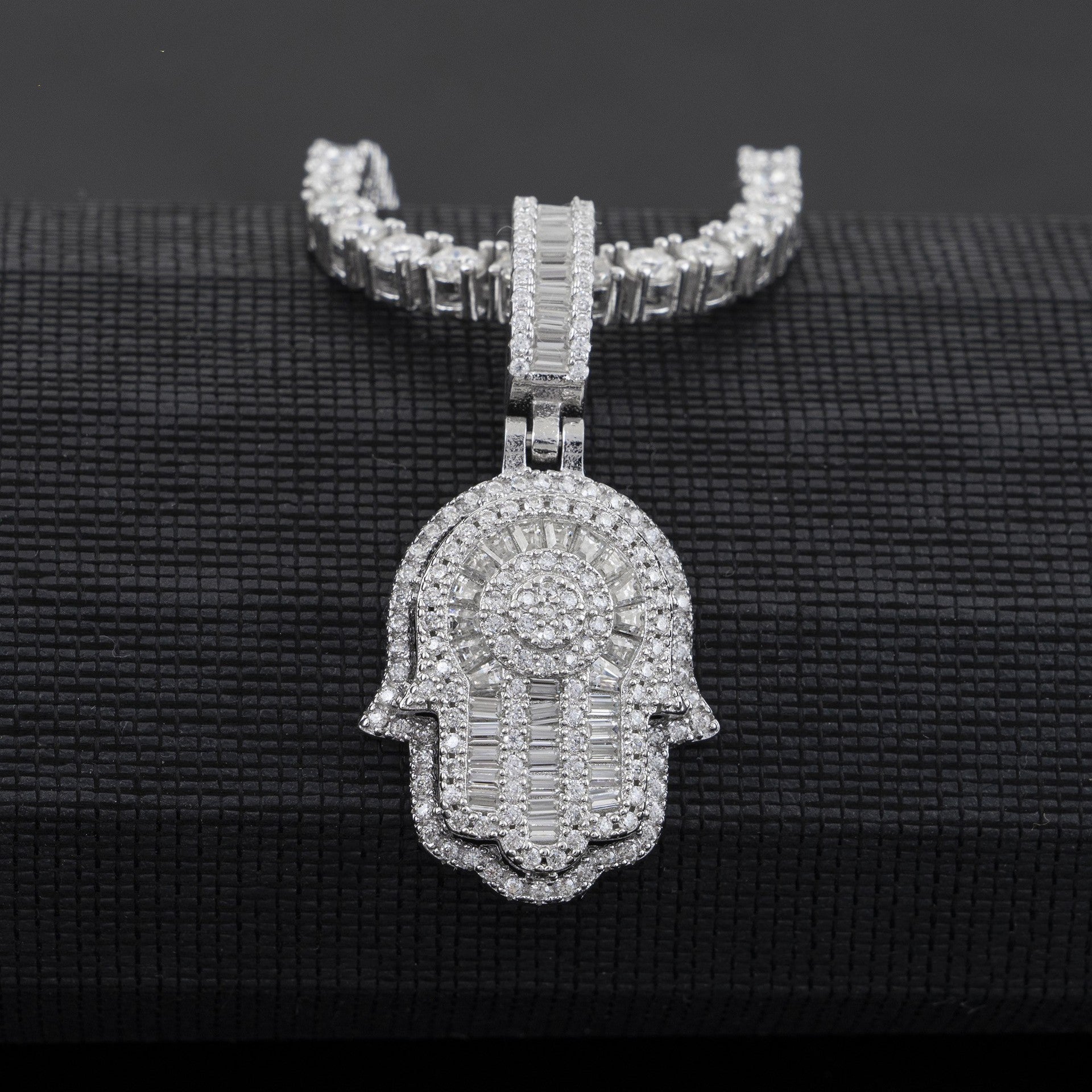 Silver VVS Moissanite Diamond Baguette Hamsa Hand Necklace