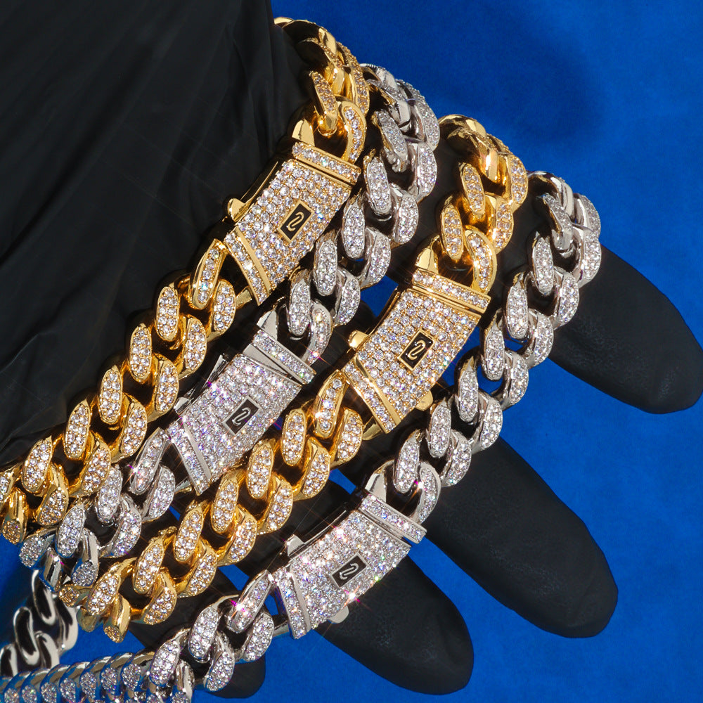 12mm S925 silver double row moissanite Moroccan Cuban Link Chain