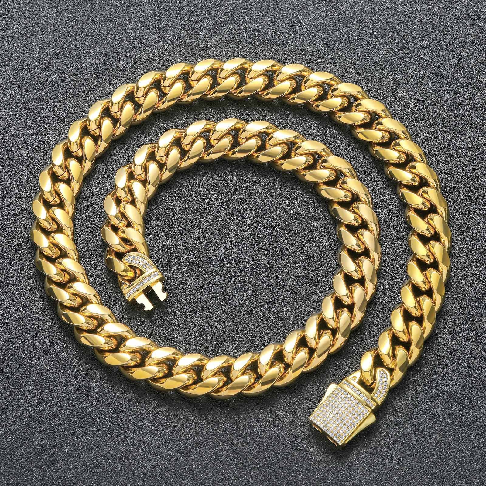 12MM 14K Gold Plated Iced Out Clasp Miami Cuban Link Chain