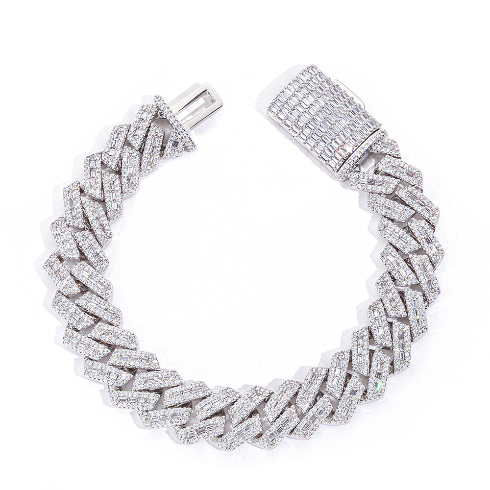 14mm S925 silver moissanite mixed inlaid T square diamond Cuban chain bracelet