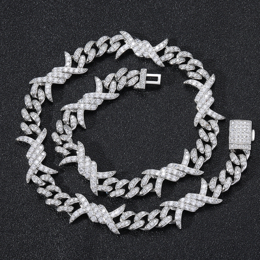 10MM White Gold Plated Iced Out Barb Wire Cuban Link Chain