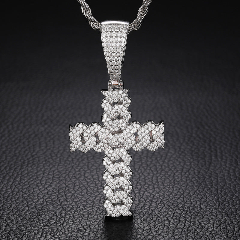 Moissanite and Diamond Cuban Cross Sterling Silver Pendant