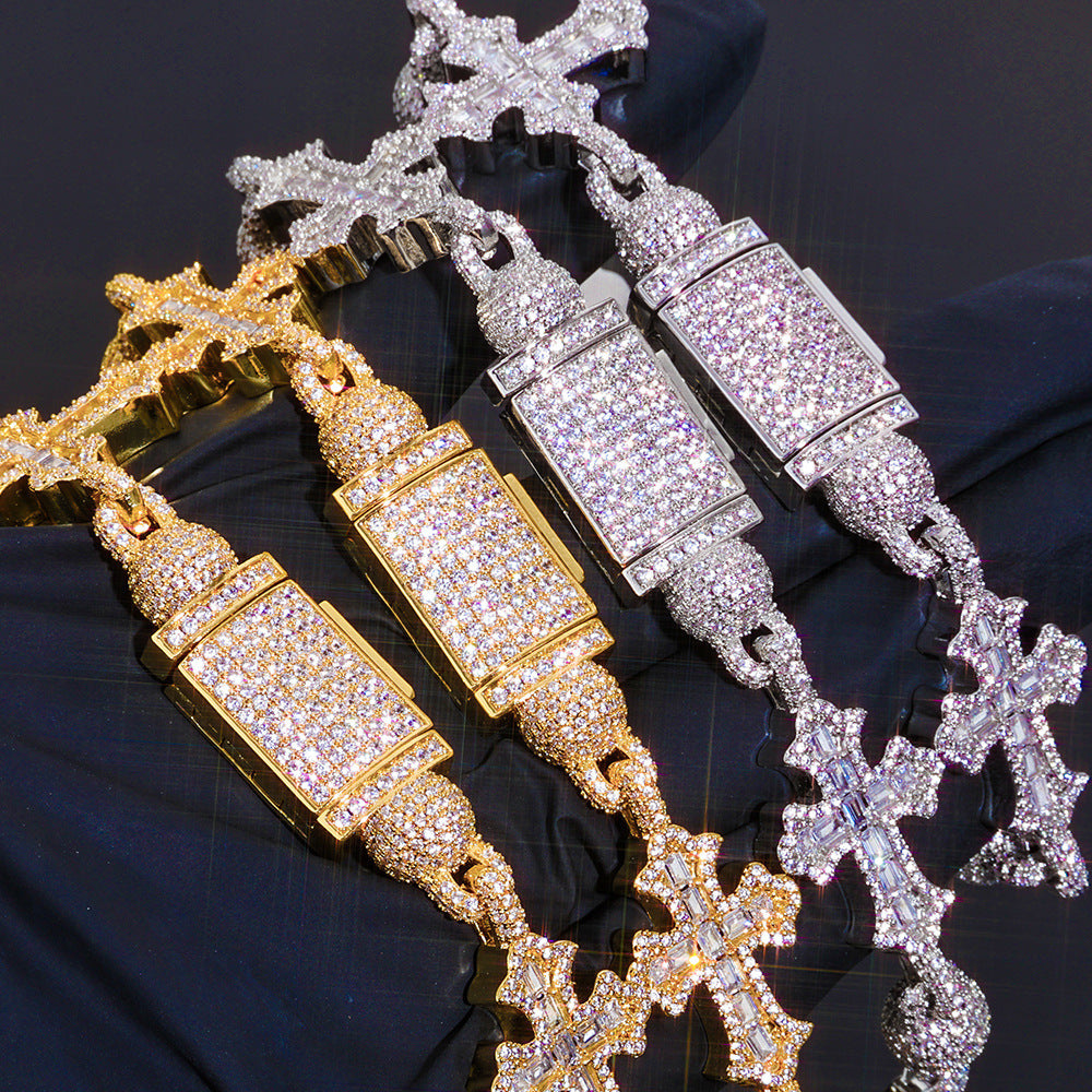 Full Diamond Round Bead T Square Zirconia Cross Cuban Link