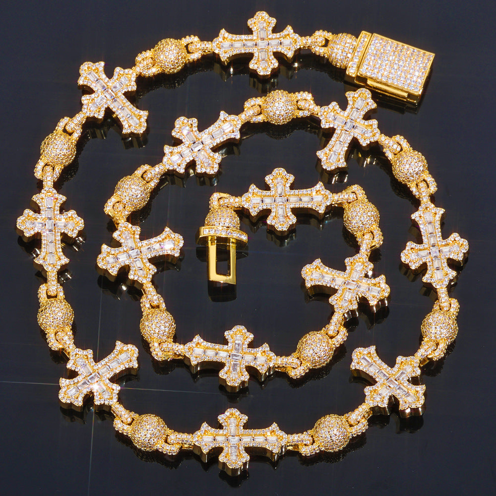 Full Diamond Round Bead T Square Zirconia Cross Cuban Link