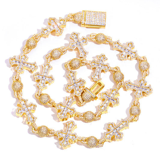 Full Diamond Round Bead T Square Zirconia Cross Cuban Link